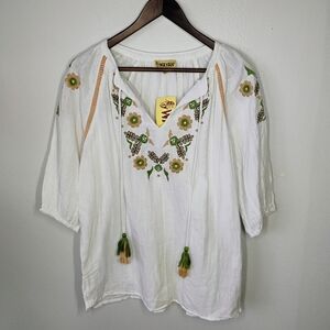 Wayan Natural Wear Embroidered 3/4 Sleeve Blouse White Flowy Bohemian Size L/XL